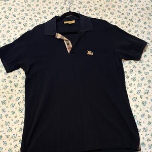 Burberry Dark Blue Polo Shirt with Check Collar